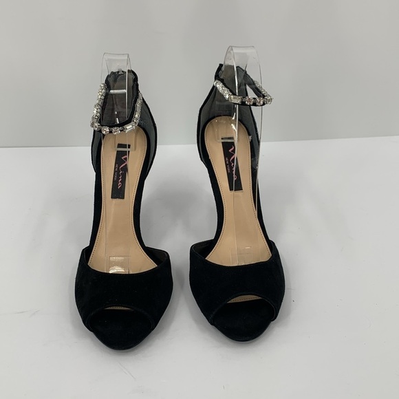 Nina black suede sandal heel shoe peeptoe clear crystal ankle strap formal 8.5 - Picture 3 of 6